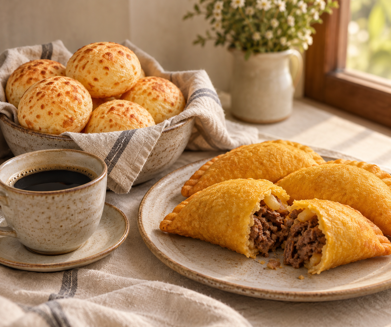 Illustrative still life of cheese breads, empanadas and coffee
