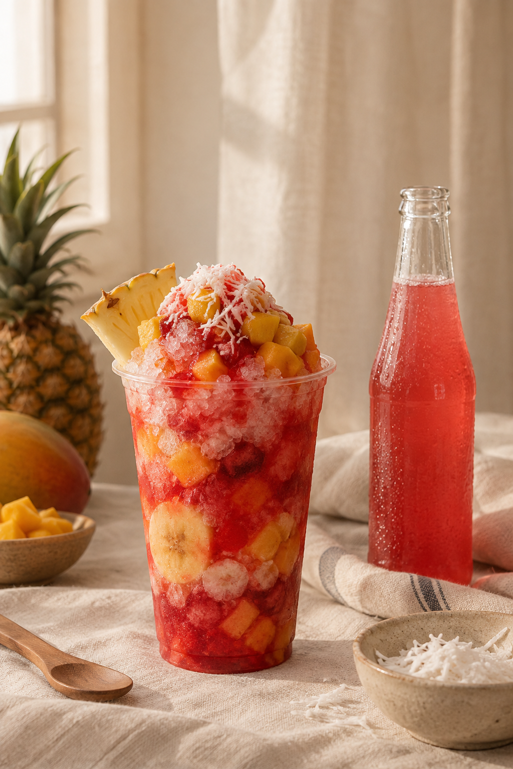 Illustrative cholado dessert cup beside a soda bottle